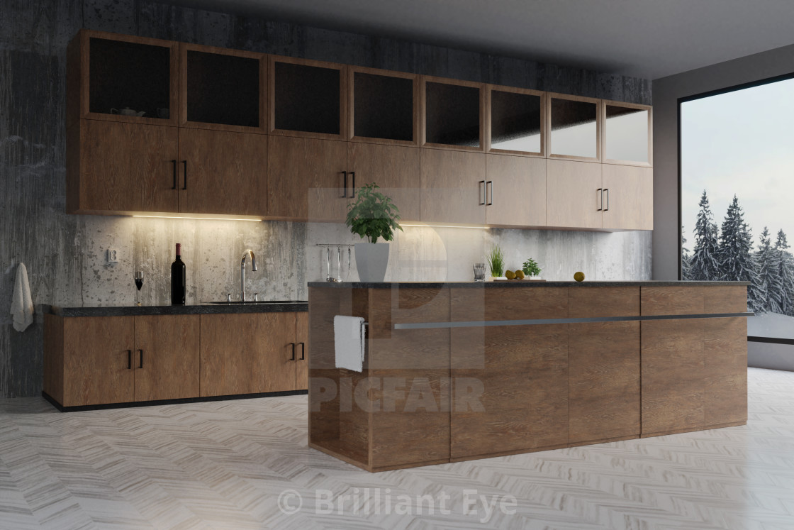 3d Rendering Of Modern Kitchen With Hardwood Cabinets And Concrete Wall License Download Or Print For 22 32 Photos Picfair