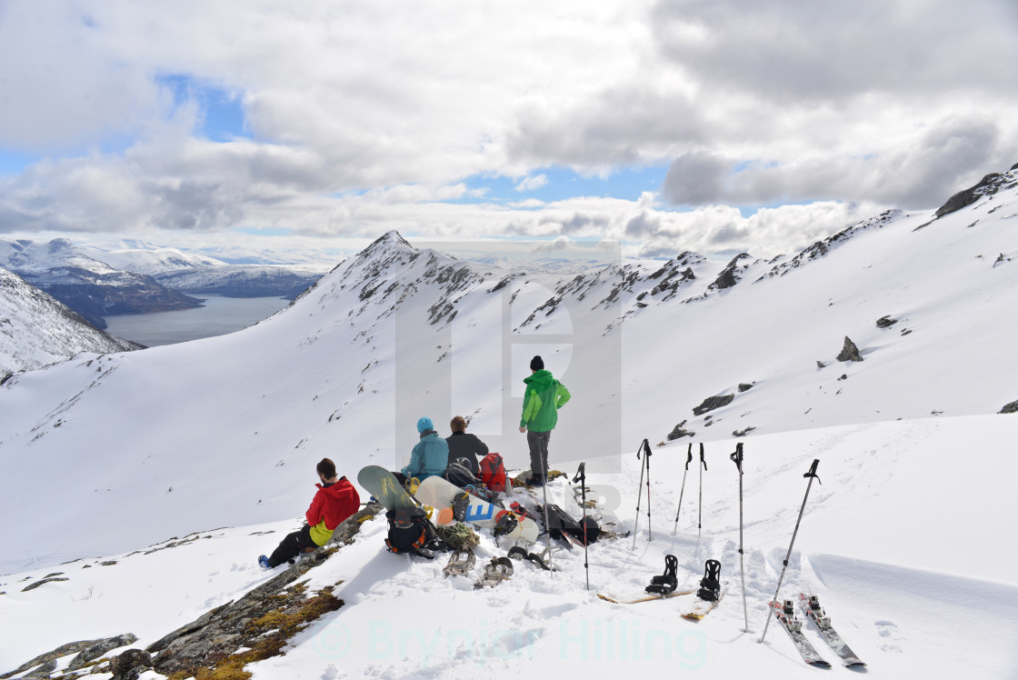 "winter summit with ski and snowboard" stock image