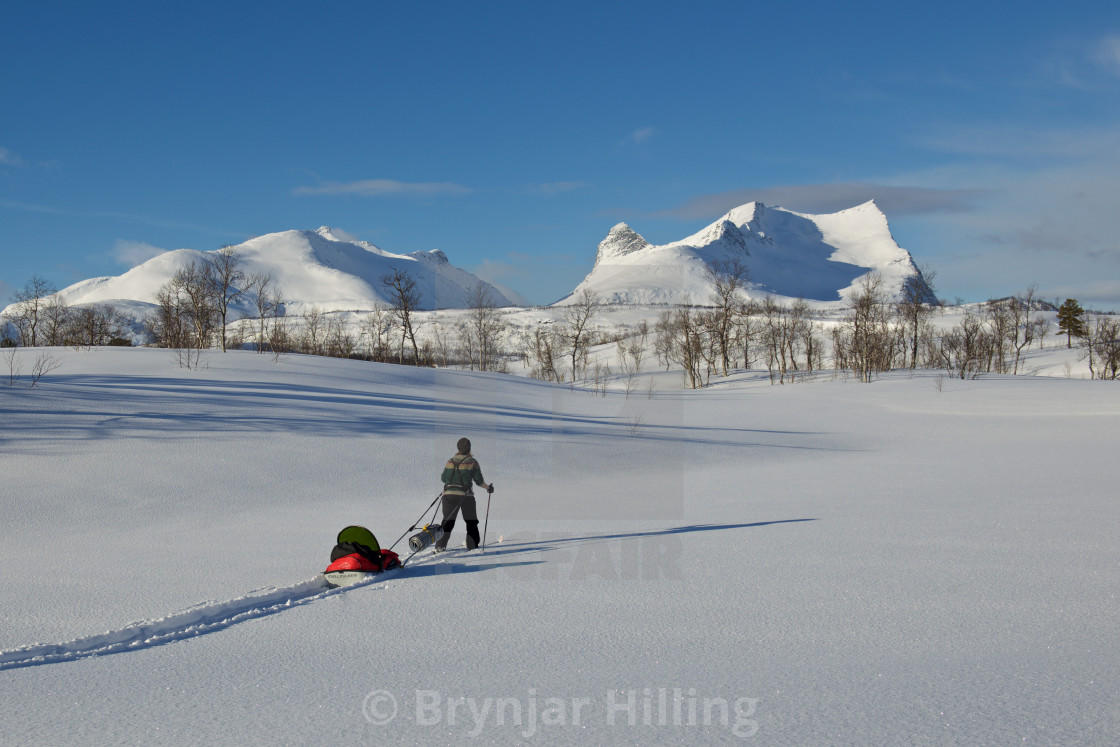 "Woman cross country skiing with baby" stock image