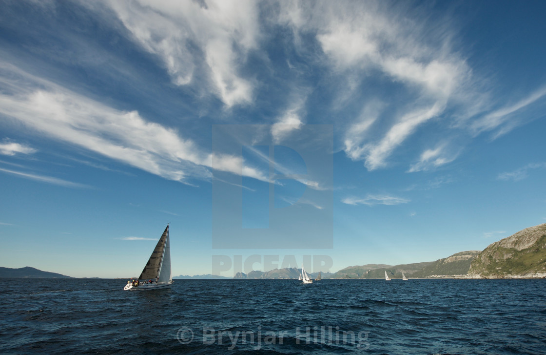 "Sail boats crossing a fjord in Norway" stock image