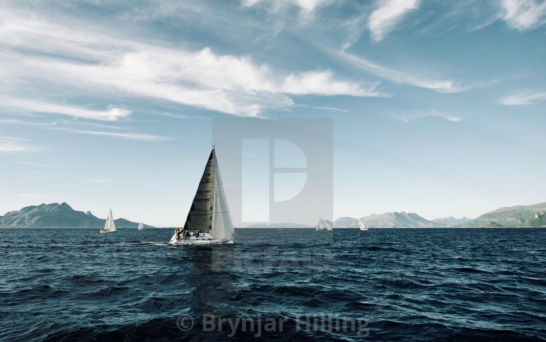 "Sail boats crossing a fjord in Norway" stock image