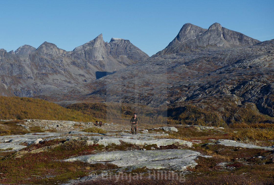 "Moose hunters up in the mountains" stock image