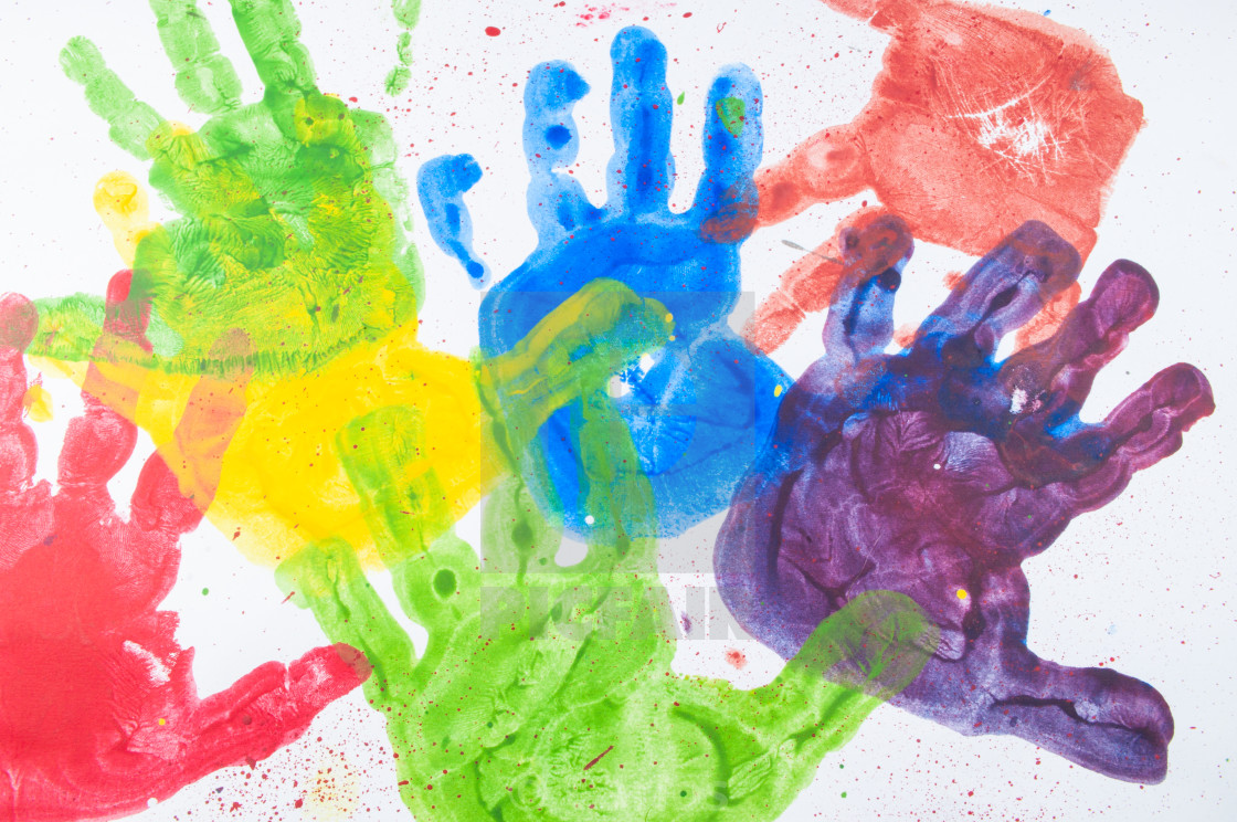 Colorful Hand Paint From Kids Hands On White Paper License