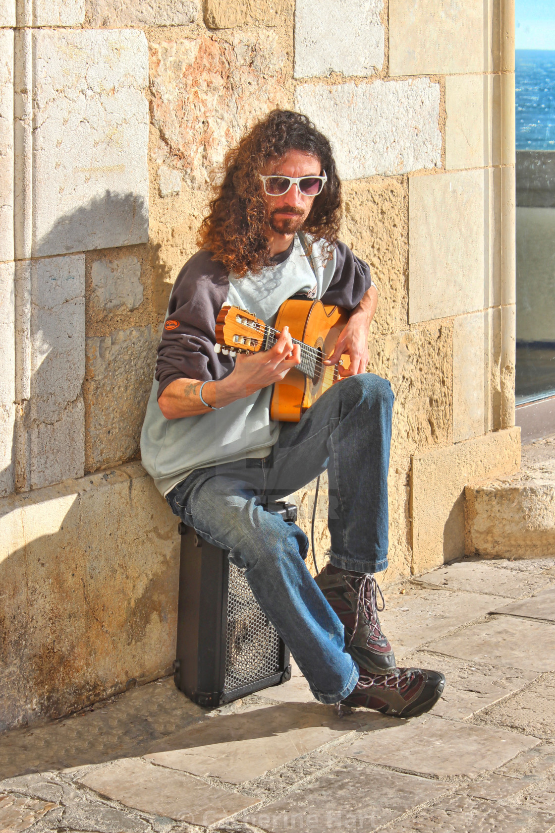 "Guitarist in the old town, Sitges" stock image