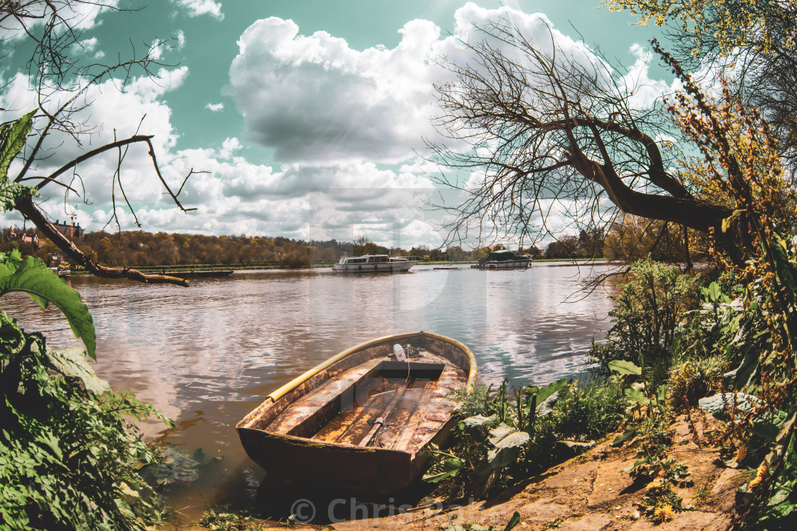"Wrecked old boat along teh Thames riverside in Richmond-upon-thames, England" stock image