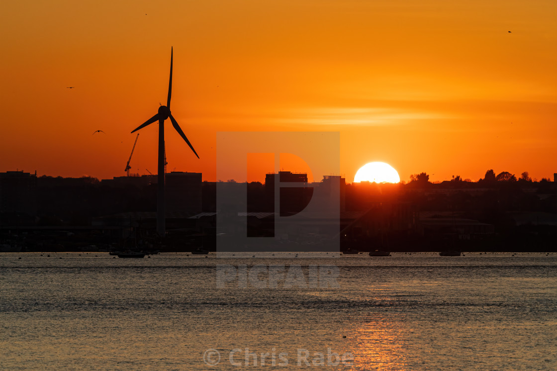 "Wind Turbine dominating the skyline at sunset in Slade Green near dartford..." stock image