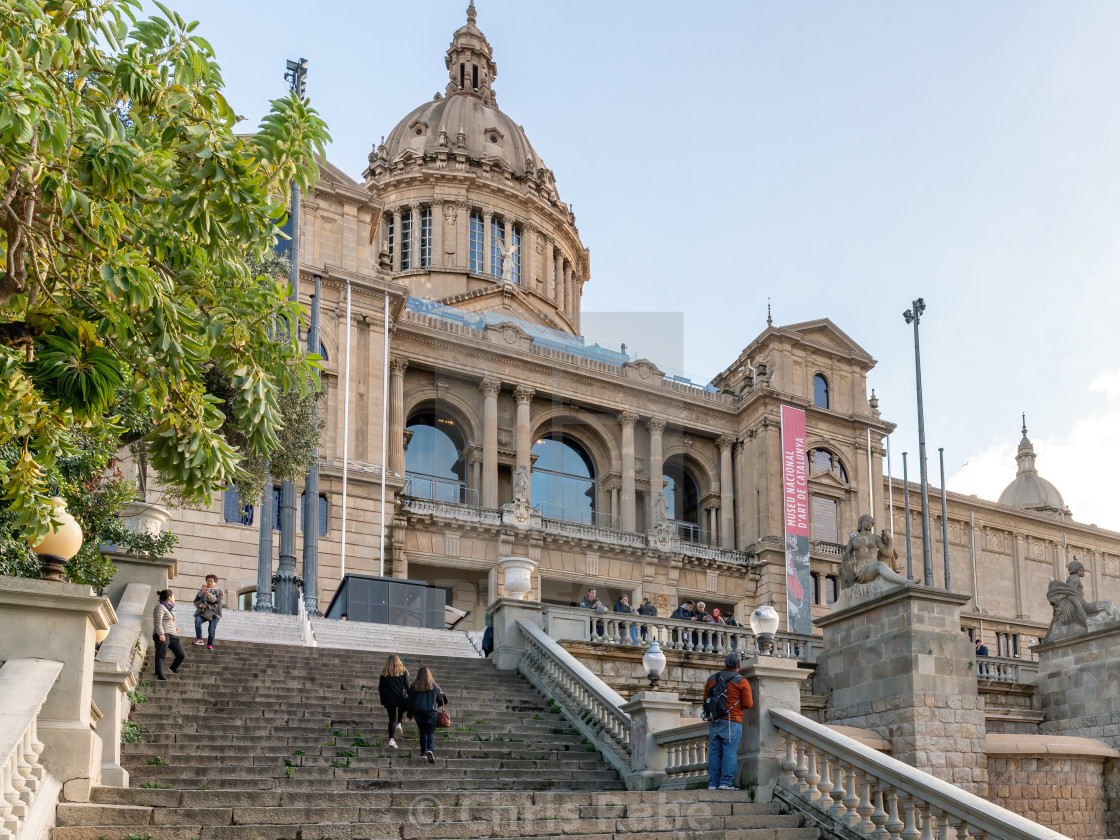 "Barcelona, Spain - January 27 2018 : Tourist ascending the stairs outside the..." stock image