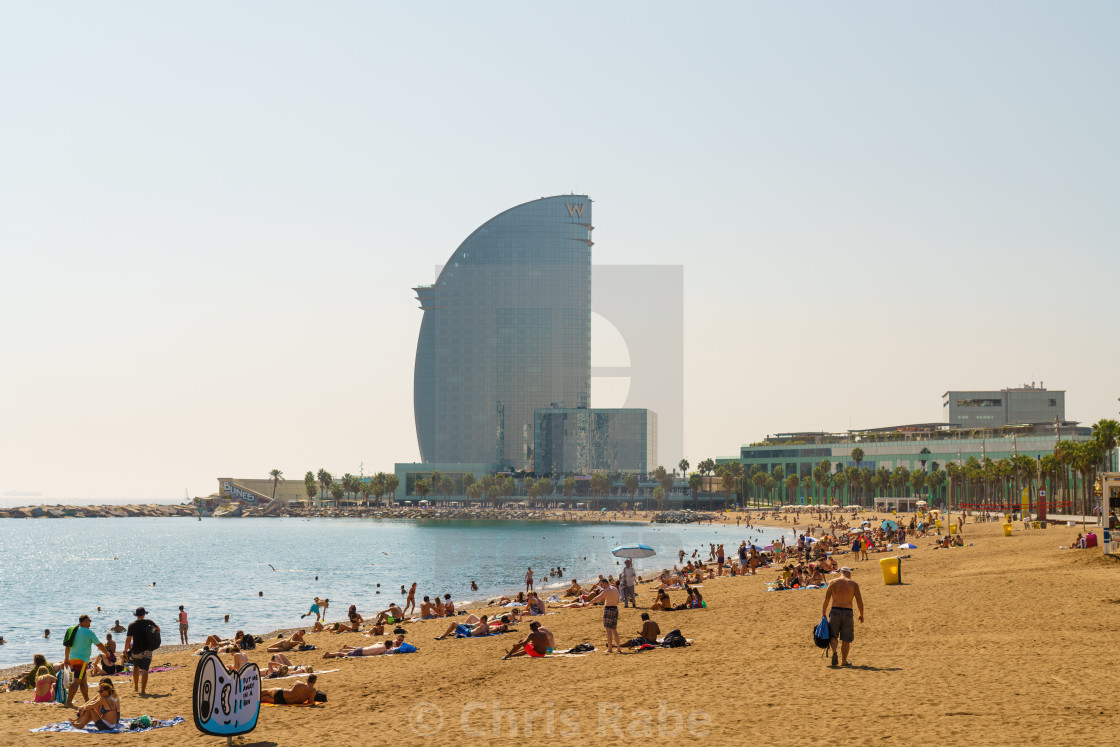 "Barcelona, Spain - September 21 2018: People enjoying the sunny weather on..." stock image