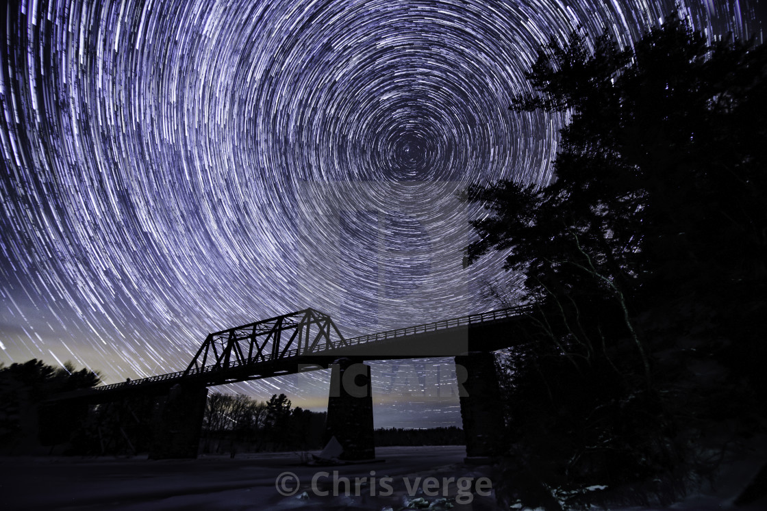 "Star trails under Wallace Swing Bridge" stock image