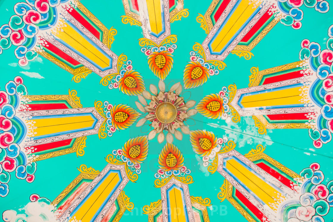 Beautiful Painting Pattern On The Ceiling Shrine In Chinese Style