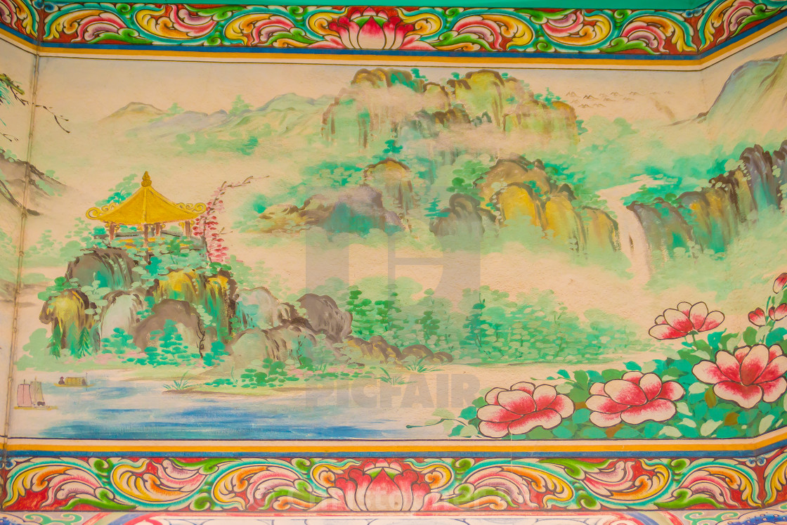 Beautiful Painting Pattern On The Ceiling Shrine In Chinese Style