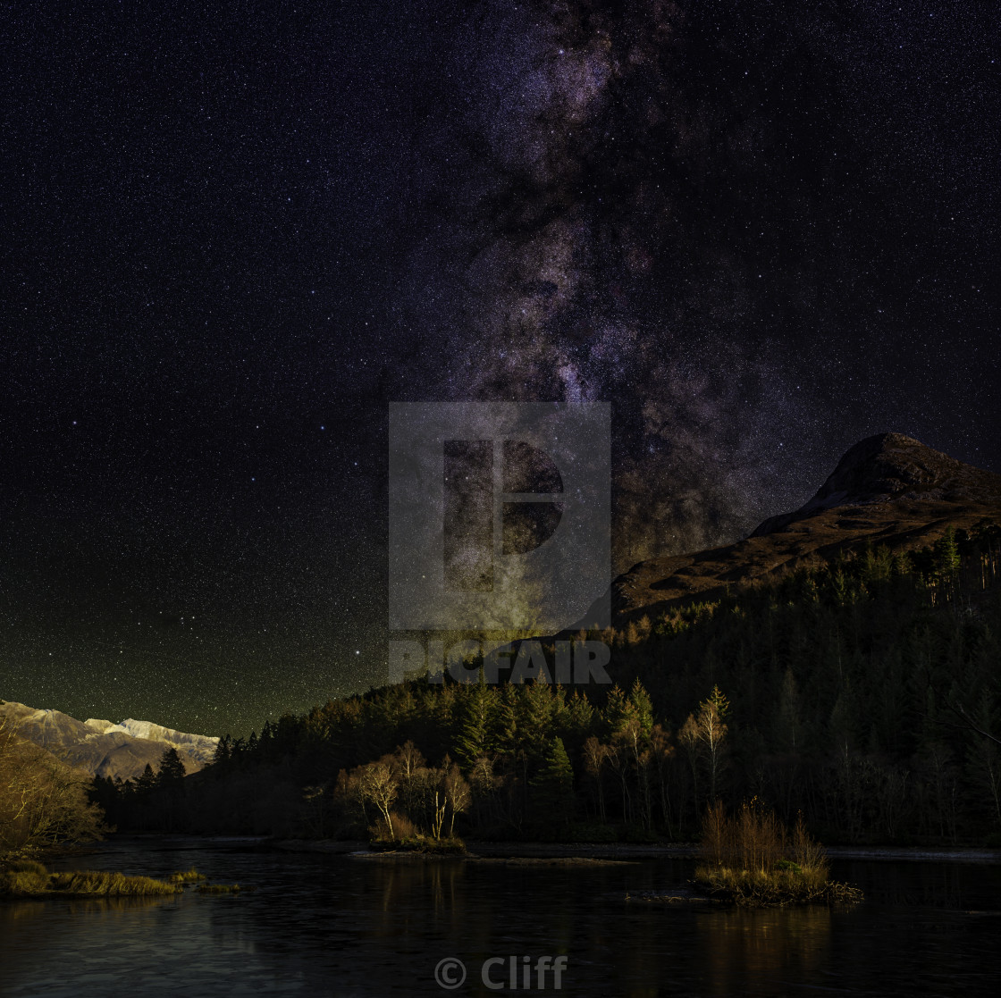 "glencoe lochan, Pap of glencoe, highlands, scotland, uk with milkyway." stock image