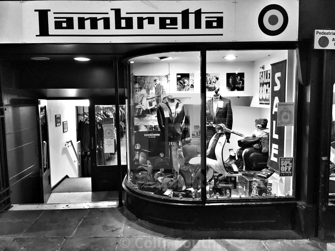 "Lambretta shop, Northgate Street, Chester." stock image