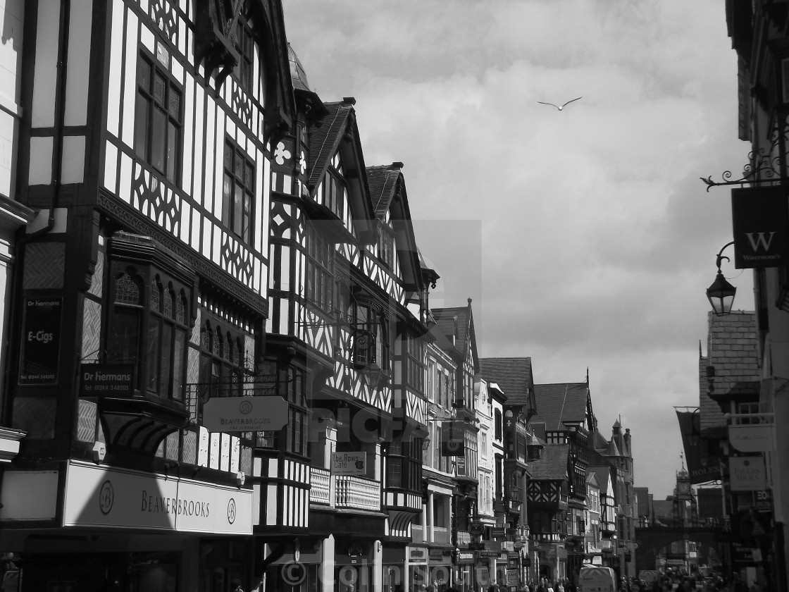 "Eastgate black and white, Chester." stock image