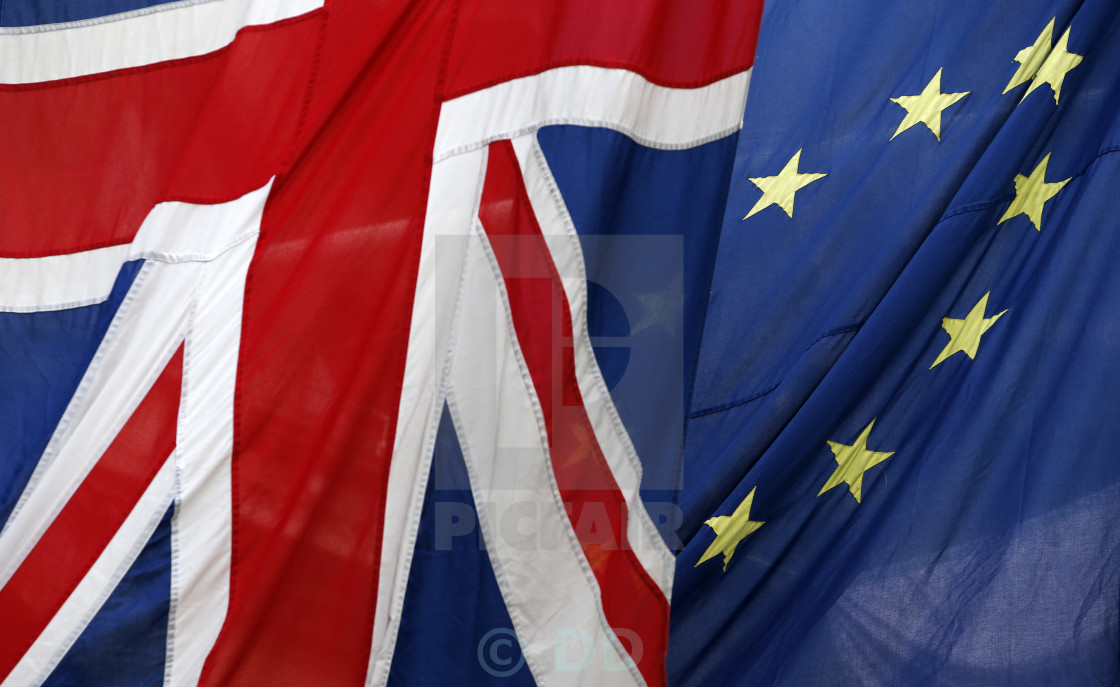 "Union and EU Flags fly together" stock image