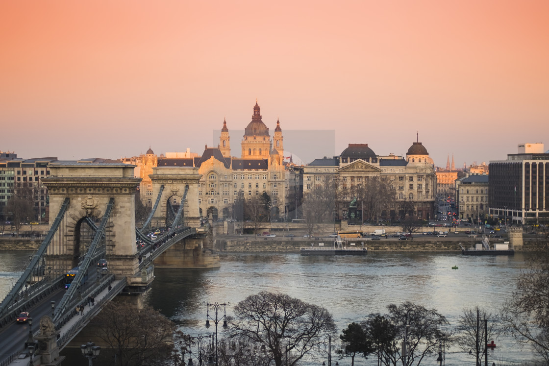 "Chain Bridge and Hungarian National Gallery in Budapest, Hungary at sunset" stock image