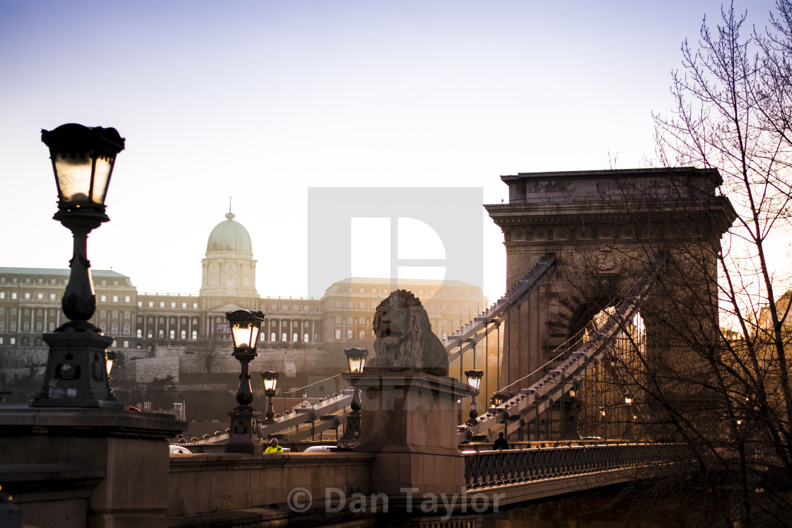 "Chain Bridge and Hungarian National Gallery in Budapest, Hungary at sunset" stock image