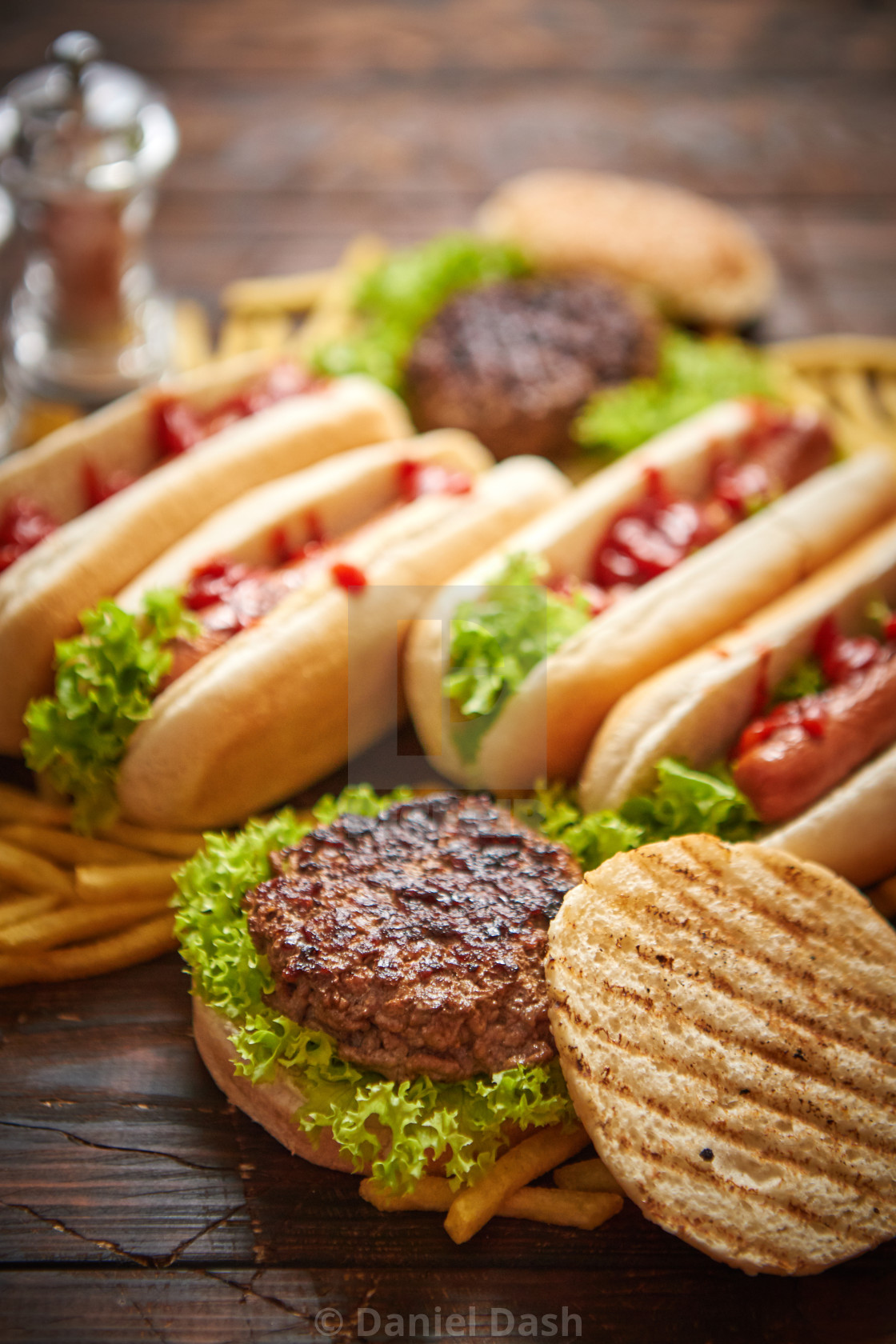 Fastfood Assortment Hamburgers And Hot Dogs Placed On Rusty Wood Table License Download Or Print For 5 00 Photos Picfair