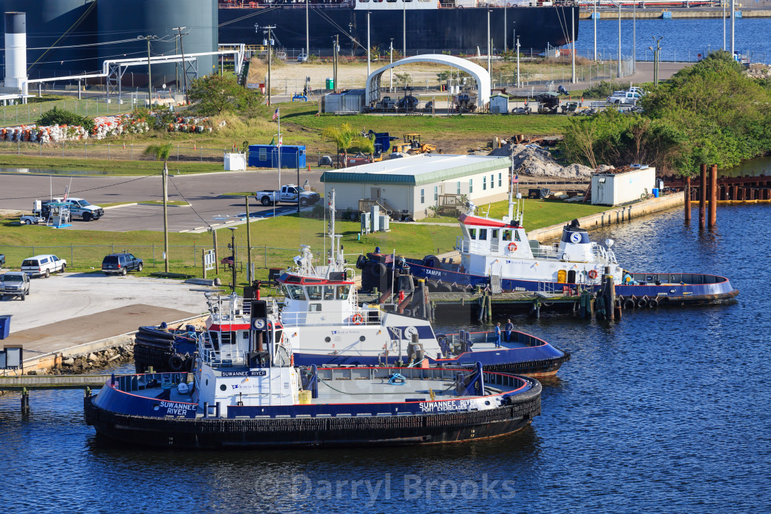 "Three Blue and White Tugboats at Industrial Pier" by Darryl Brooks - $10.71 "Three Blue and White Tugboats at Industrial Pier" stock image