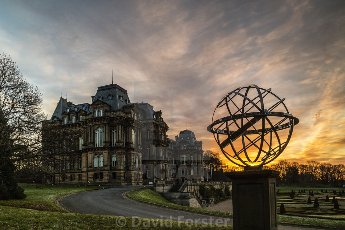 "Bowes Museum Dawn light illuminating the Amillary Sphere Memorial to HM Queen" stock image