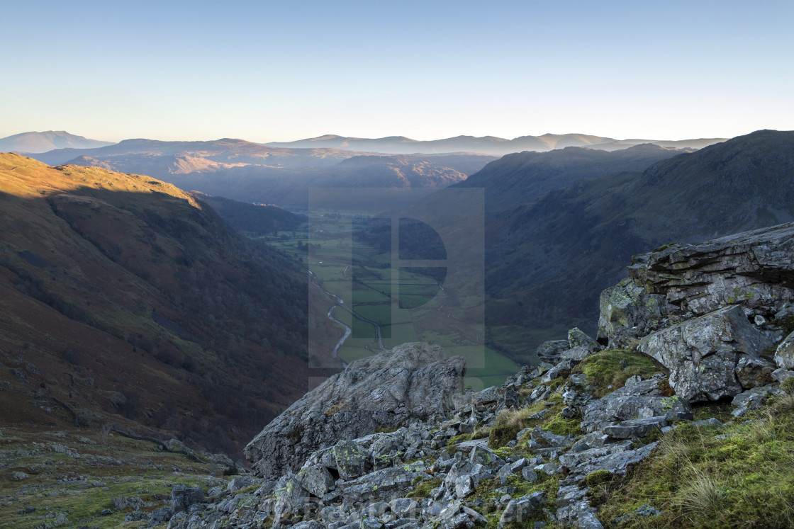 "The Valley of Seathwaite from Base Brown, Lake District, Cumbria" stock image