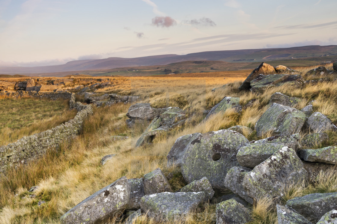 "East Hare Crag and View towards Mickle Fell, Teesdale" stock image