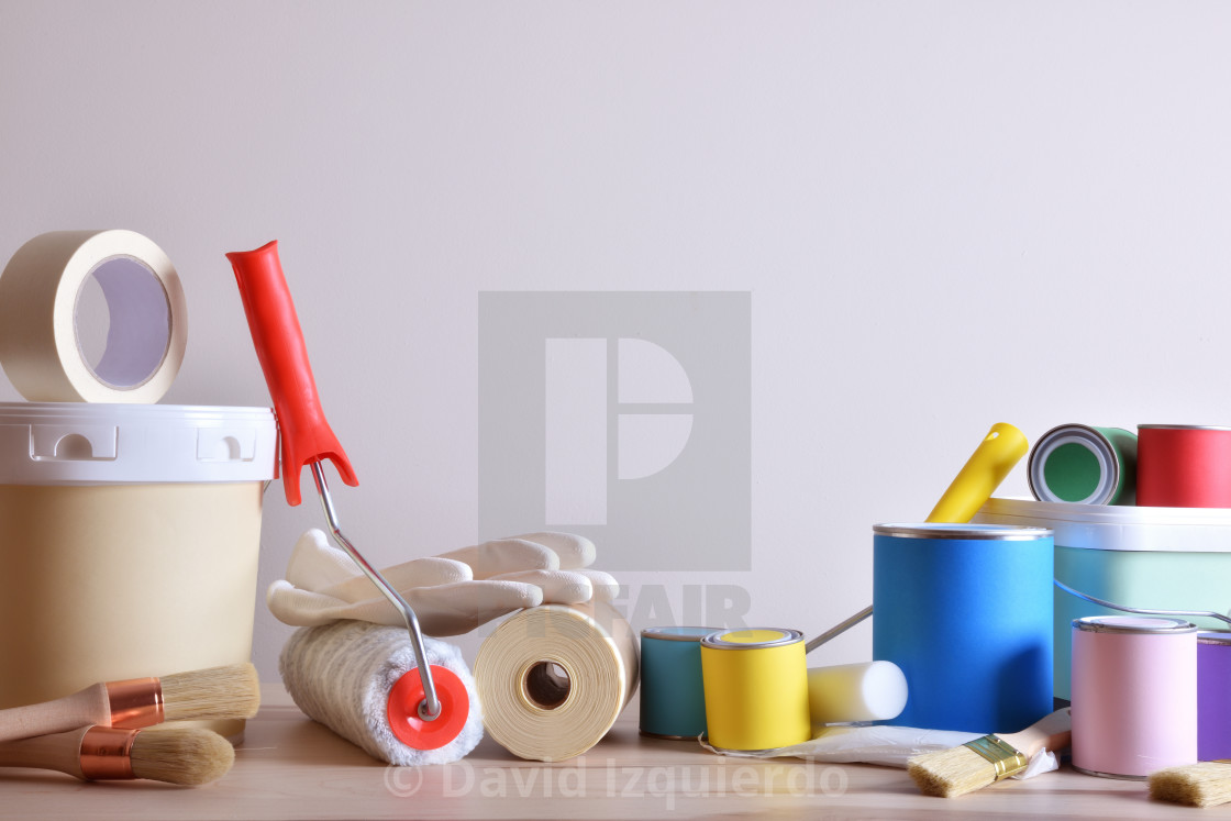 Painting Tools For Wall On Table With White Wall Background License Download Or Print For 8 68 Photos Picfair