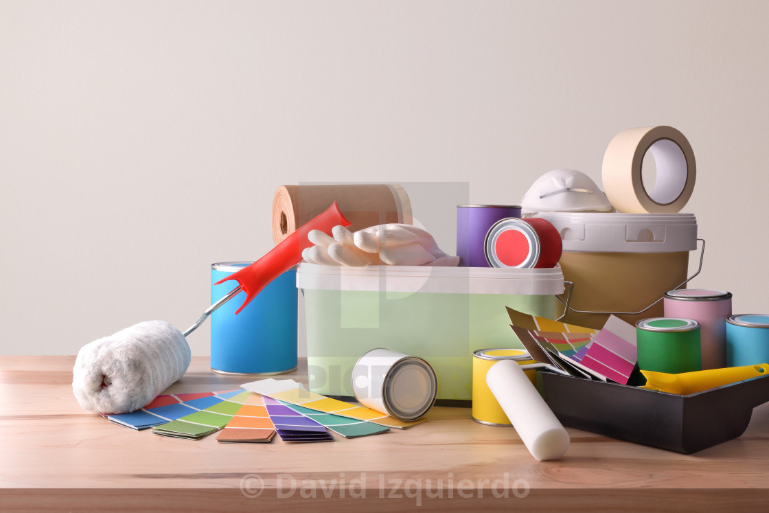 Table With Painting Tools For Home White Wall Background License