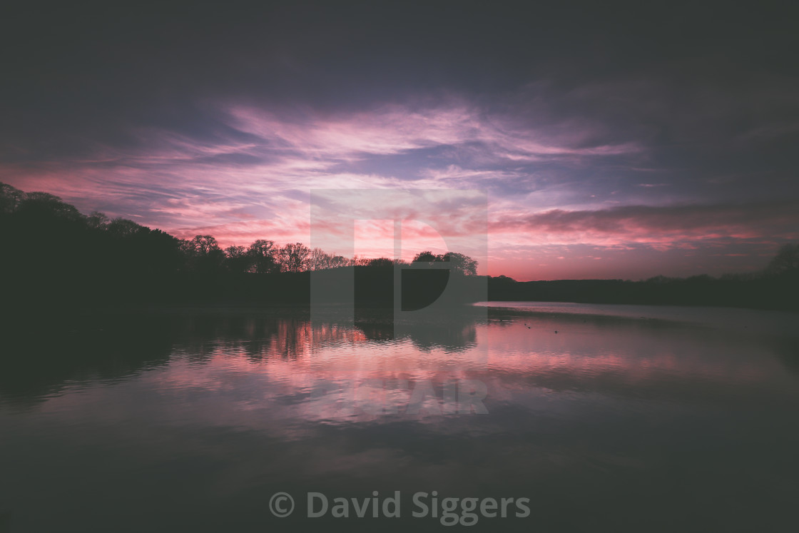 "Lakeside Silhouettes at Sunset" stock image