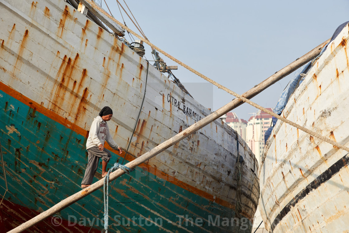 "The prows of pinisi rear up along the old harbour front at Sunda Kelapa in..." stock image