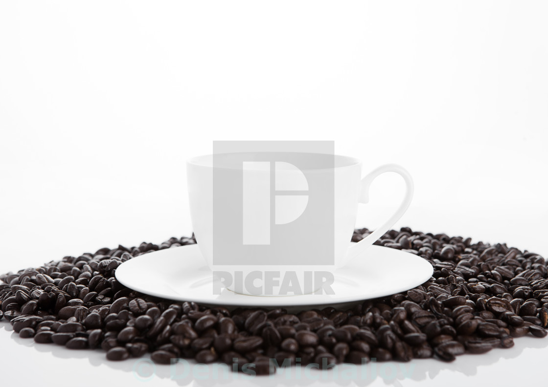 "Cup of black coffee for breakfast with beans on white background" stock image