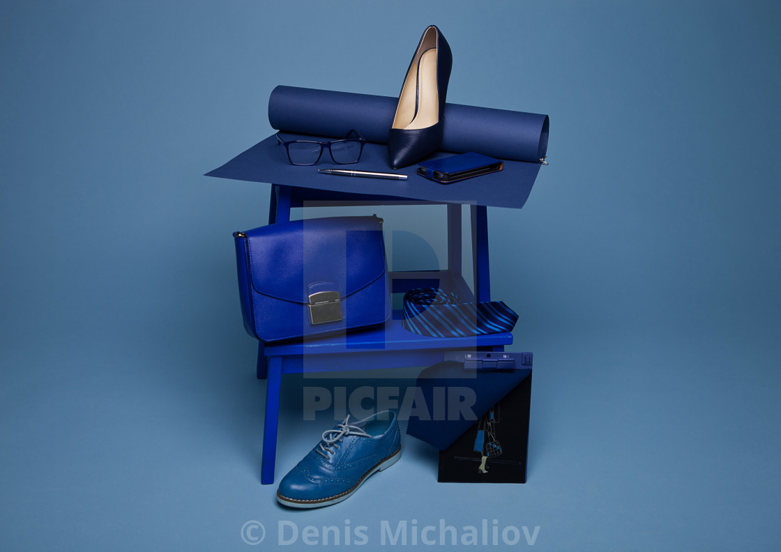 "Blue color fashion style still life setup on blue background" by Denis Michaliov - $3.08 "Blue color fashion style still life setup on blue background" stock image