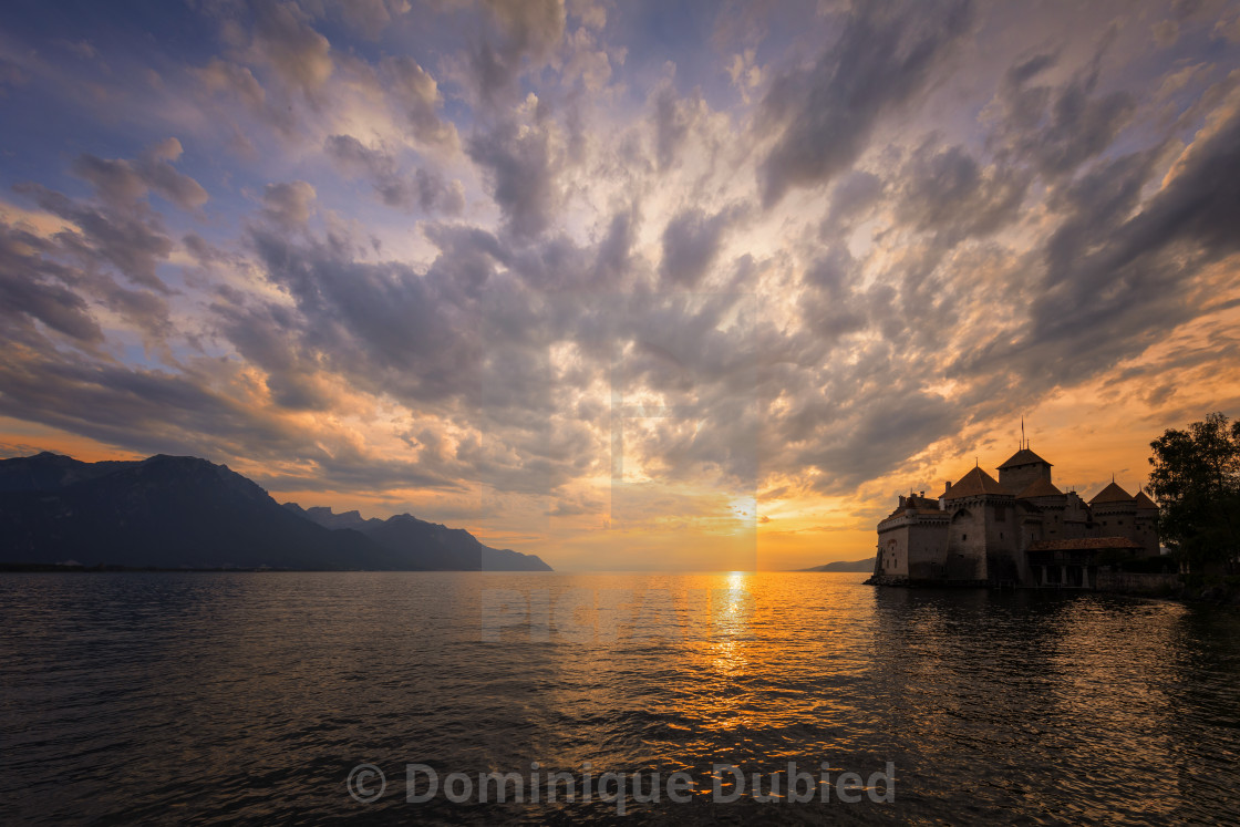 "Chillon castle at sunset" stock image