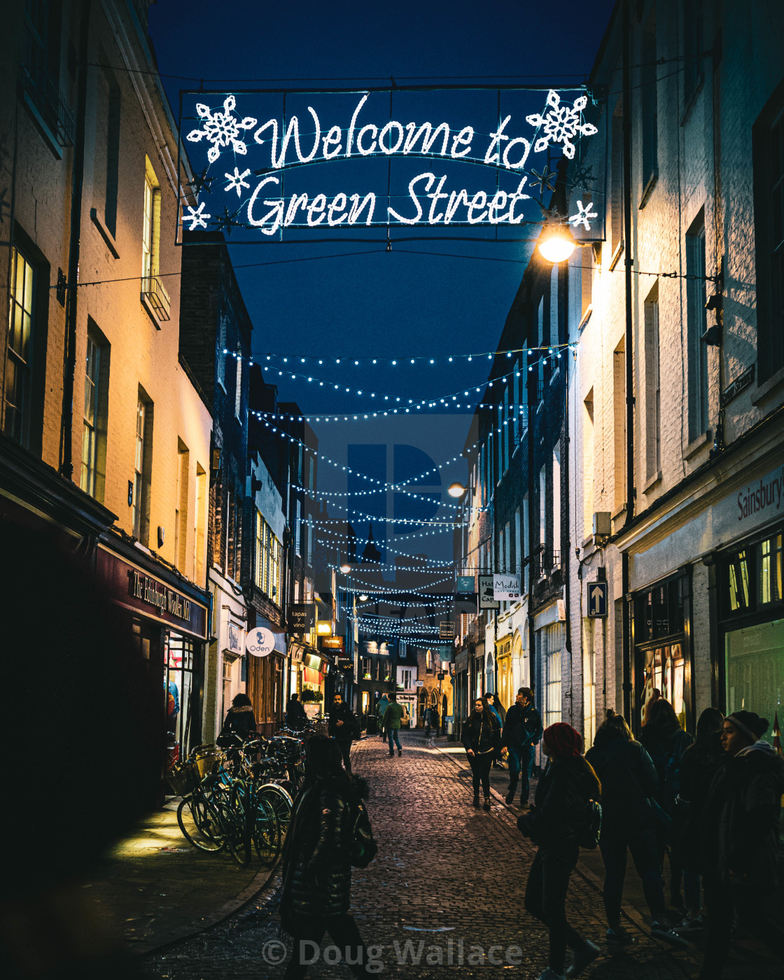 "Green Street Cambridge UK by night." stock image