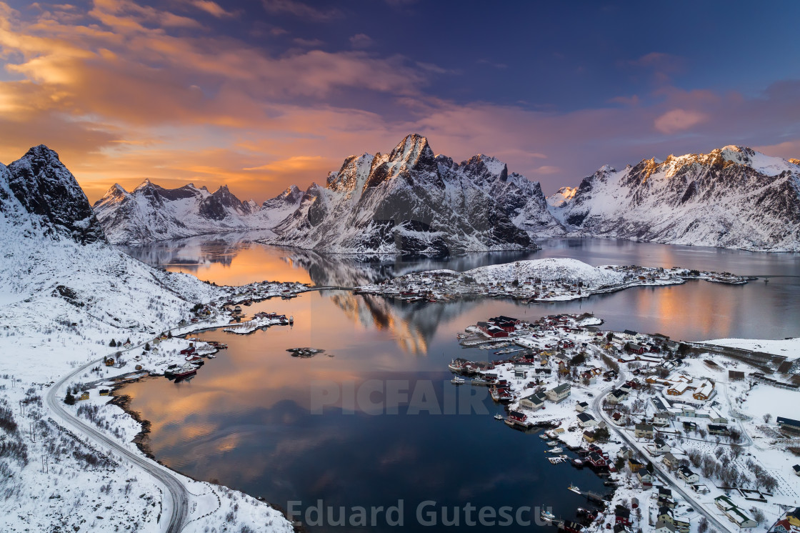 "Reine aerial view at sunset in Lofoten Archipelago, Norway landscape" stock image