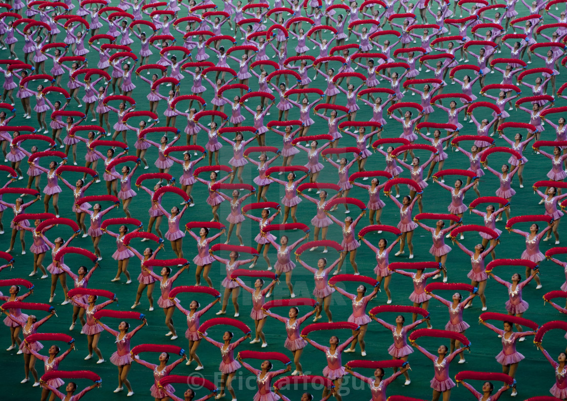 "North Korean gymnasts performing during Arirang mass games in may day..." stock image