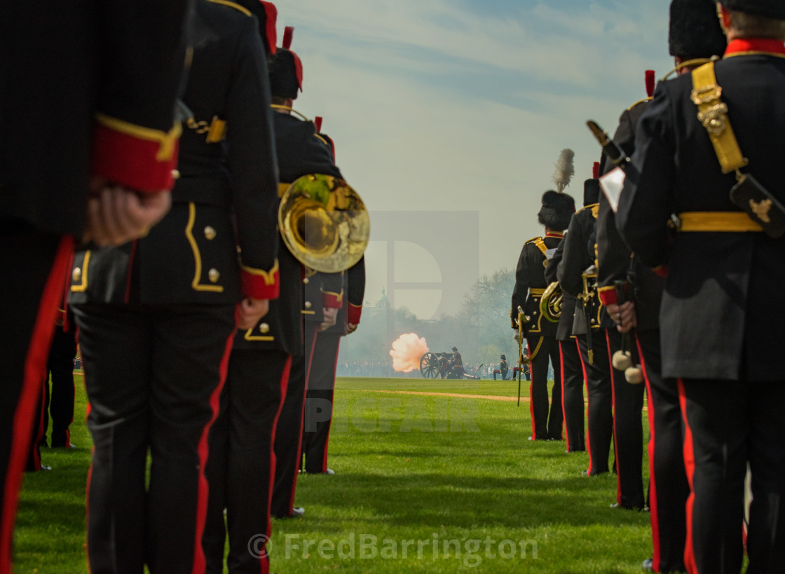 "One of the 41 guns salutes at Queen's 90th Birthday" stock image