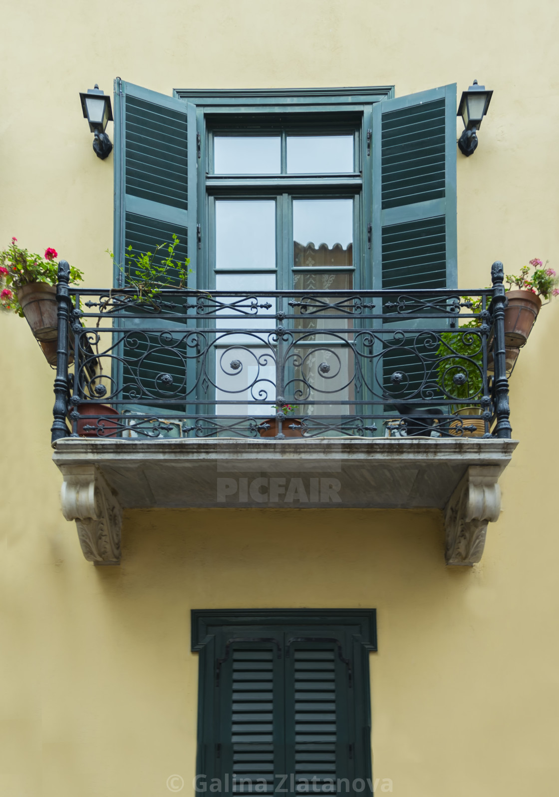 A Small Cozy Terrace With Green Wooden Windows And Decorated With Captivating Flowers Old Architectural Style License Download Or Print For 6 20 Photos Picfair