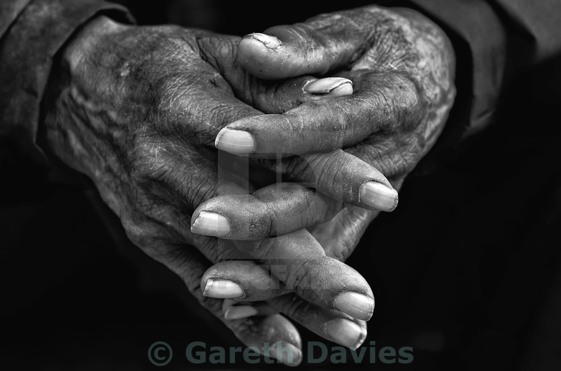 "A pair of hands of an elderly gentleman together in black and white" stock image