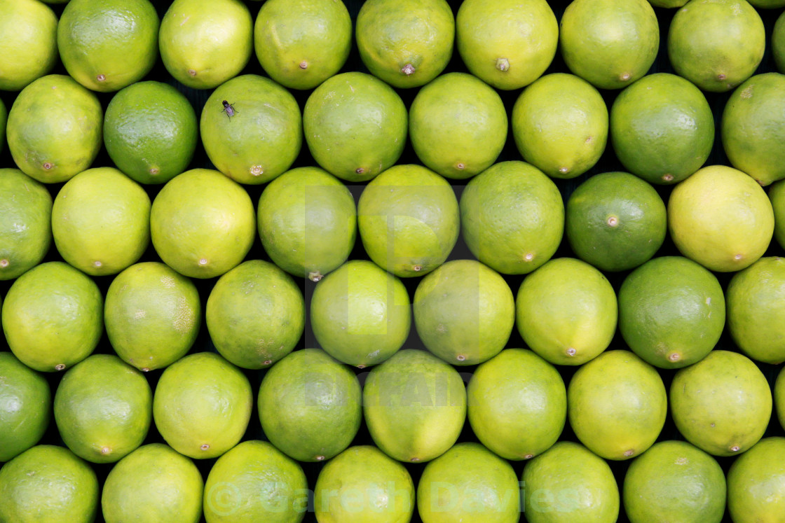 "A macro shot of a market stand with limes for sale" stock image
