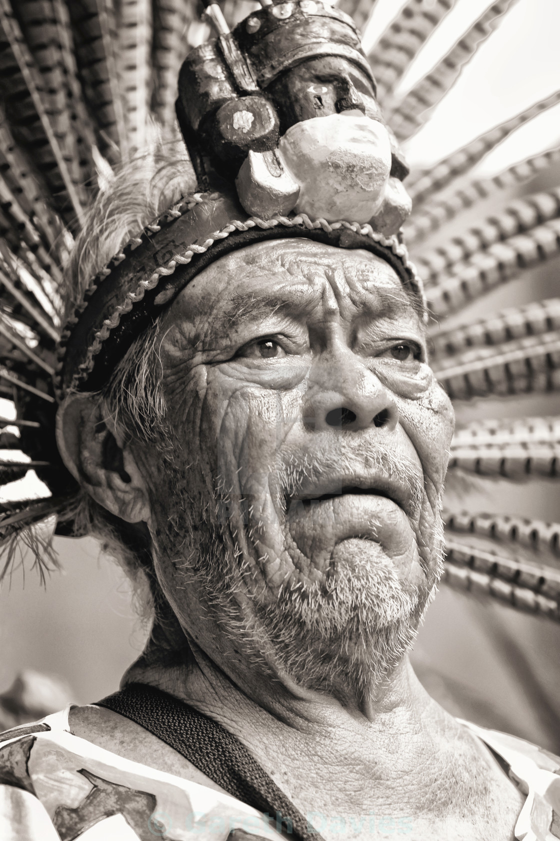 "An elderly man dressed in traditional clothing wearing a headdress at a cultural ceremony in mexico" stock image