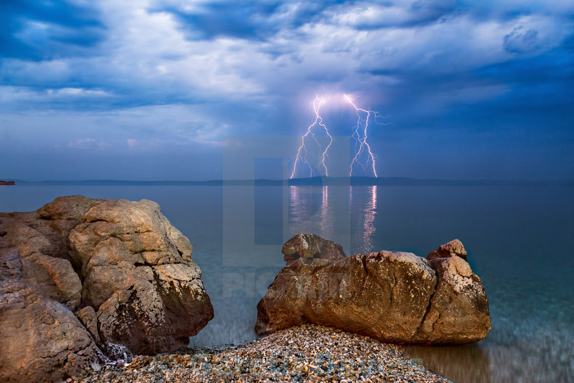 "Electric storm over Hvar Island from Tucepi, Croatia." stock image