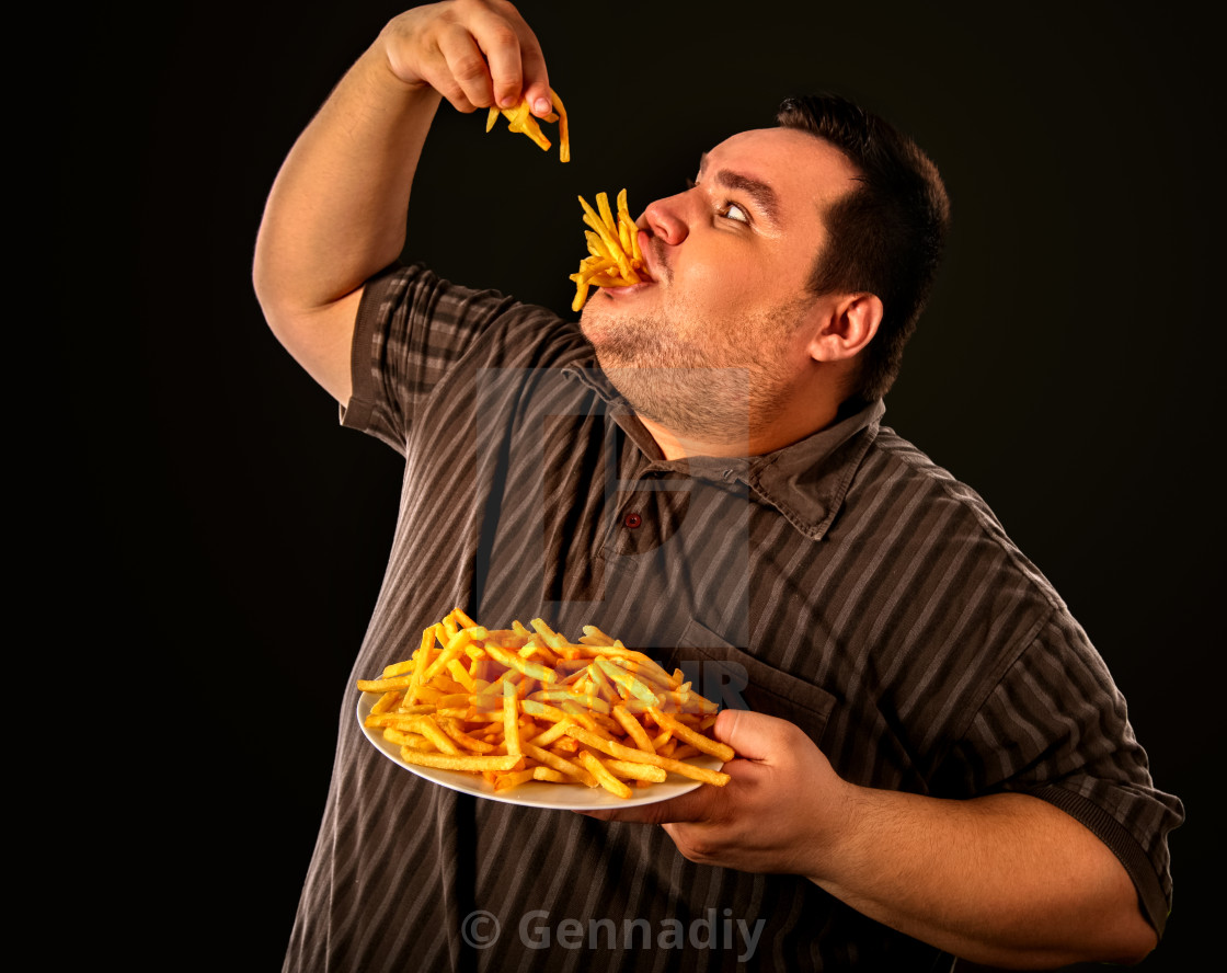 Fat Man Eating Fast Food French Fries For Overweight Person