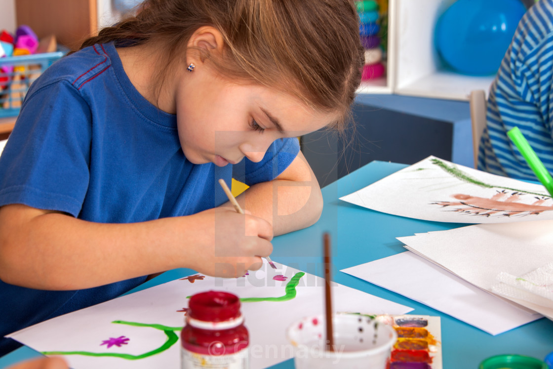 Small Students Children Painting In Art School Class License