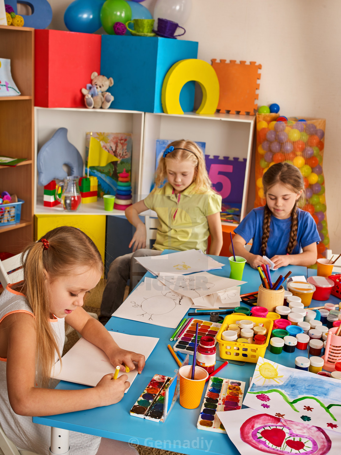 Small Students Children Painting In Art School Class License