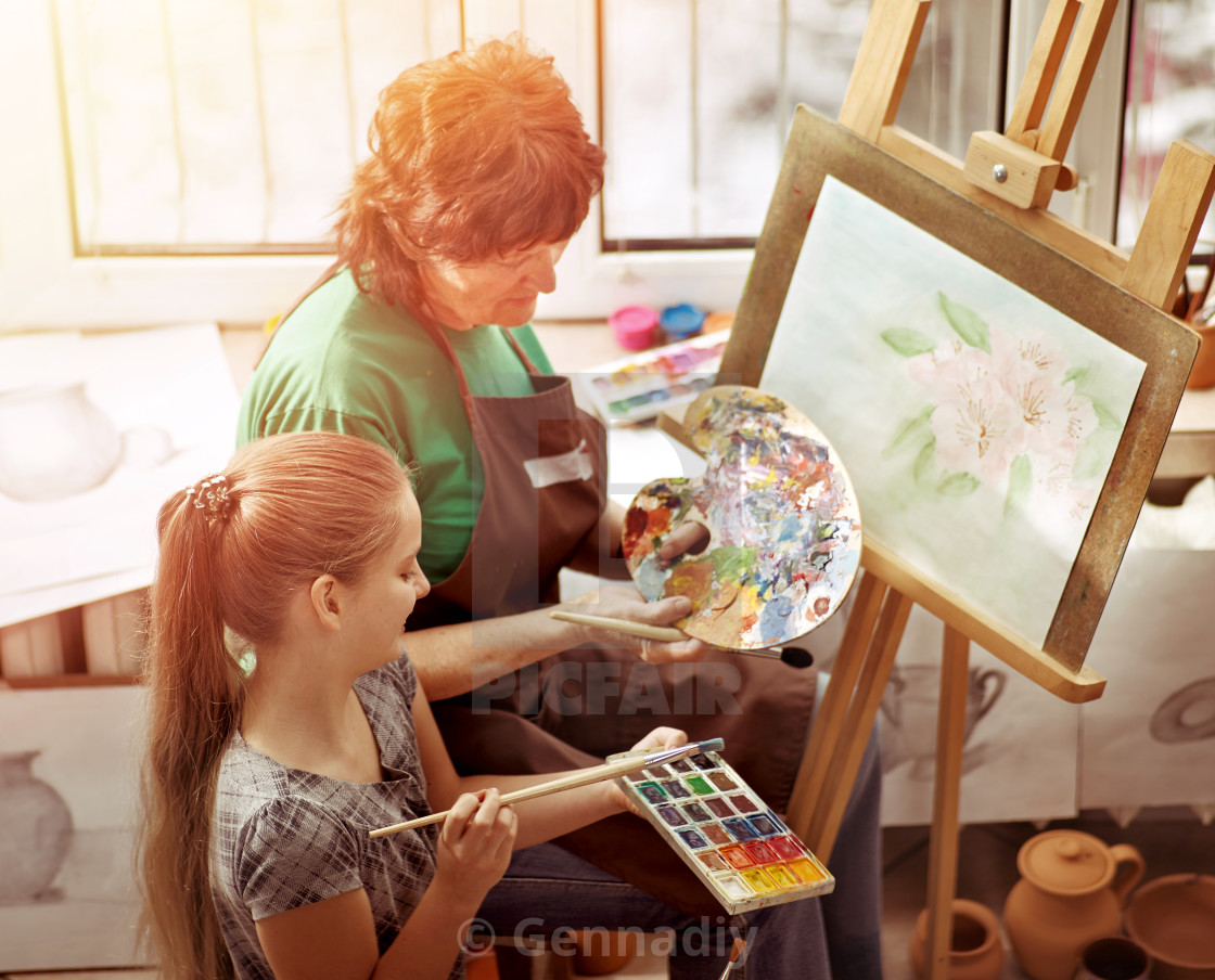 Artist Painting Easel In Studio Authentic Grandmother And Kids