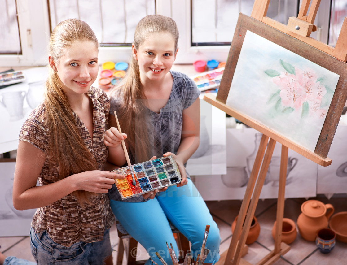Artist Painting On Easel In Studio Authentic Children Paints