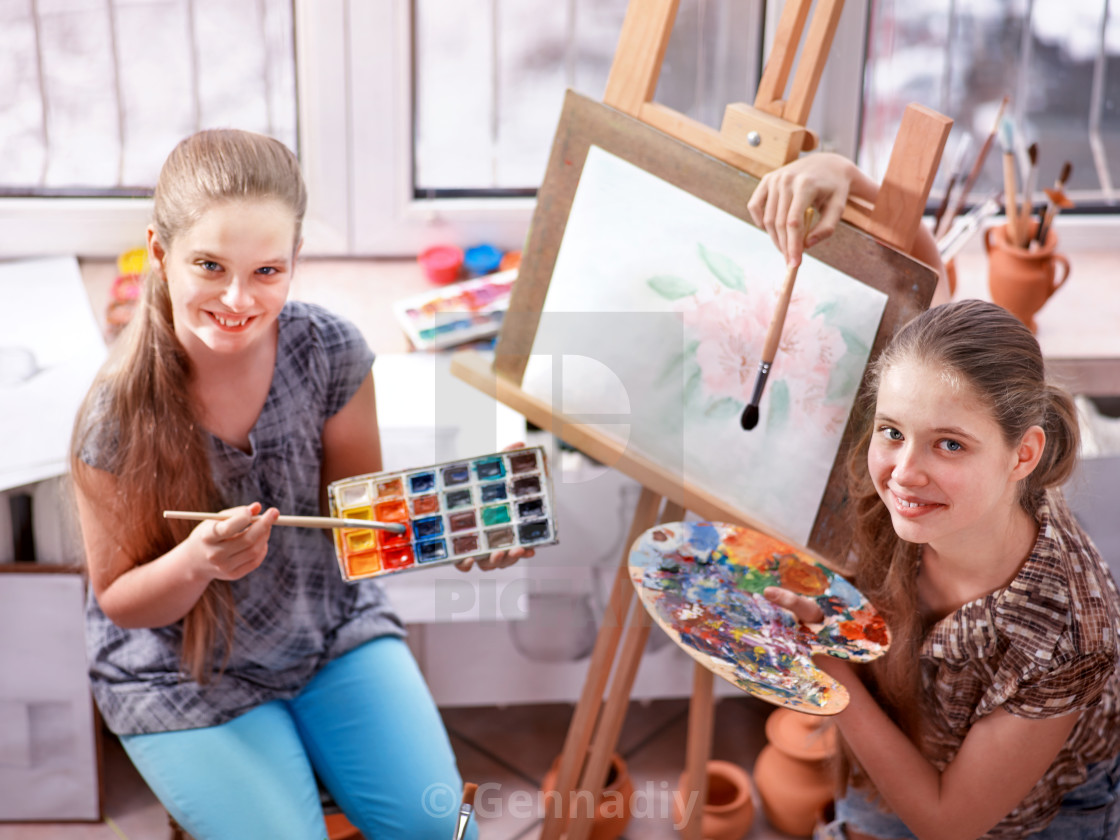 Artist Painting On Easel In Studio Authentic Children Paints