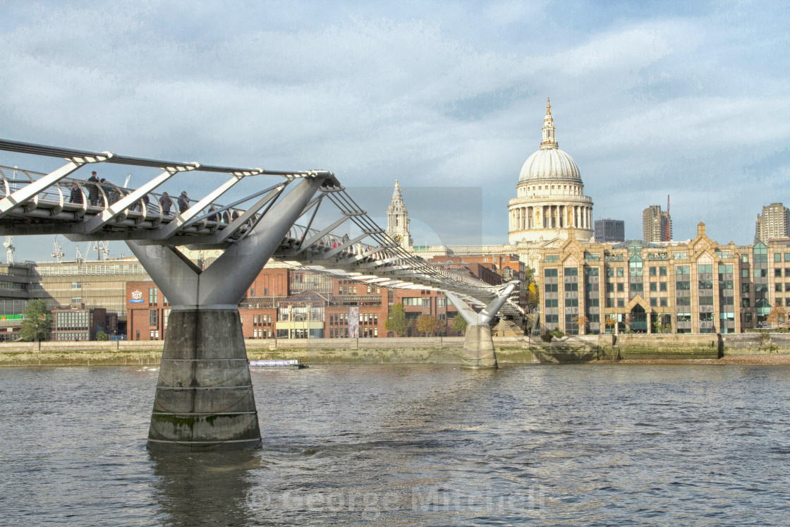 "Millenium Bridge in City of London on overcast day." stock image