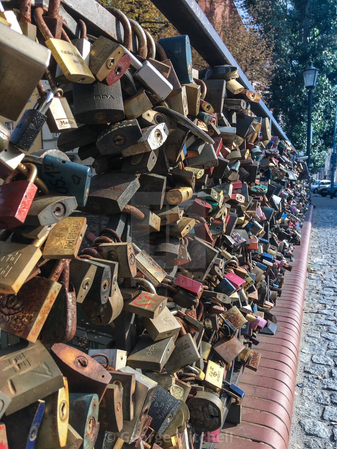 "Lovers Padlocks locked to bridge in Gdansk, Poland" stock image